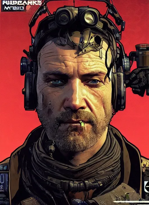 Prompt: cyberpunk blackops commander. ruggedly handsome. night vision. portrait by ashley wood and alphonse mucha and laurie greasley and josan gonzalez and james gurney. spliner cell, apex legends, rb 6 s, hl 2, d & d, cyberpunk 2 0 7 7. realistic face. dystopian setting.