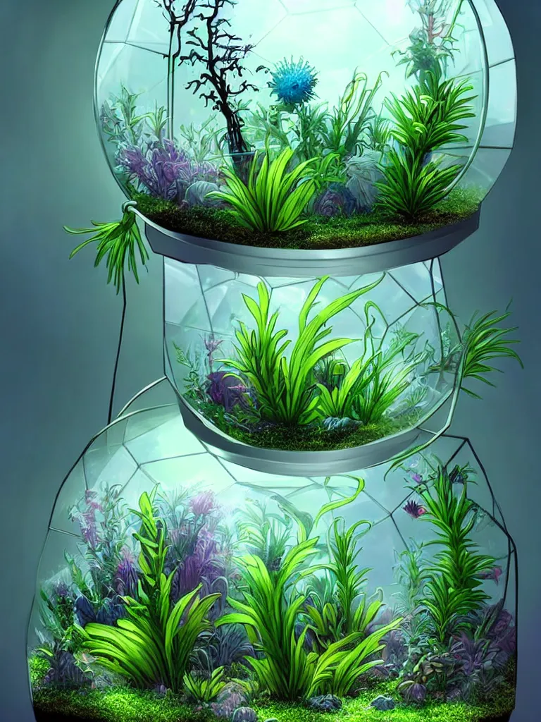 Prompt: concept art. illustration. sci - fi. plants from a different planet in a terrarium. high sci - fi. holographic, beautiful, ethereal
