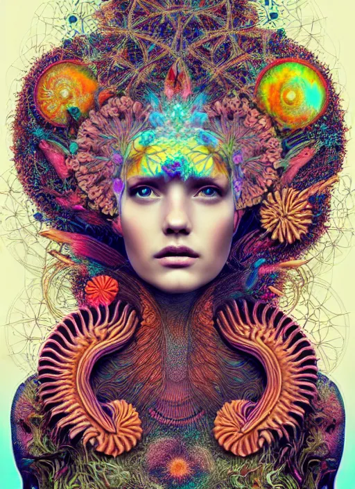 Prompt: ridiculously beautiful young womans face, radiating psychedelics, portals into nature, coral, birds, symmetrical, in the style of ernst haeckel, effervescent, sacred geometry, warm, surrealism, photo realistic, epic and cinematic, dmt