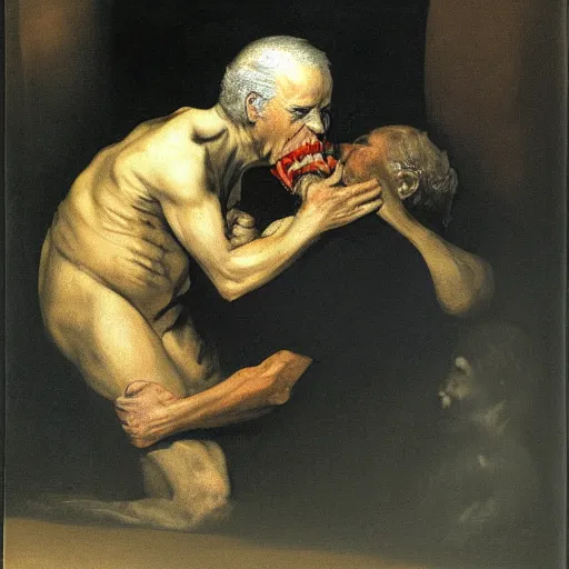 Image similar to painting of Joe Biden (Cronus) devouring Mitch McConnell (his son), by Goya