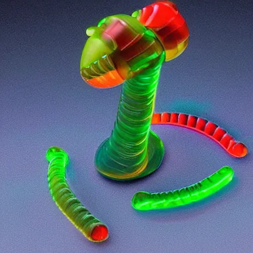 Image similar to a futuristic robot gummi worm. dramatic product lighting. it's a gummi with extra juiciness. but it's also a worm. ick.