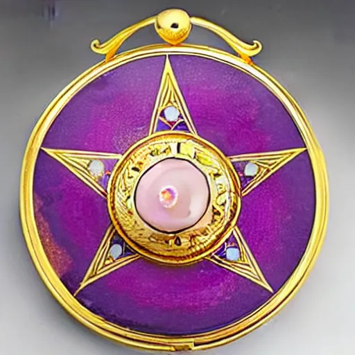 Prompt: a photo of the lid of a vintage circular powder compact with an inlaid gold pentagram that has a different colored gem stone at each point, transparent basse-taille pink enamel over guilloché engravings and a large, round cabochon in the middle encircled by a gold crescent moon inlay. Tiffany & Co.