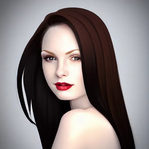 Prompt: portrait of a beautiful pale skin female with long black hair dark brown eyes gentle smiling expression elegant clothing photorealist