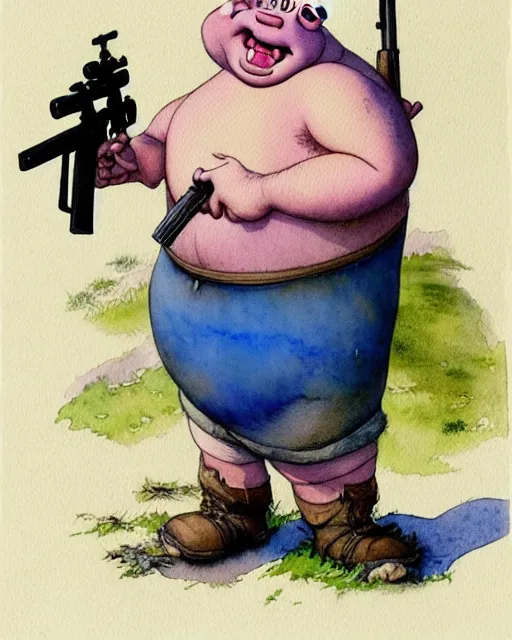 Image similar to a realistic and atmospheric watercolour fantasy character concept art portrait of a fat adorable dirty chibi porky pig wearing a wife beater and holding a rifle, by rebecca guay, michael kaluta, charles vess and jean moebius giraud
