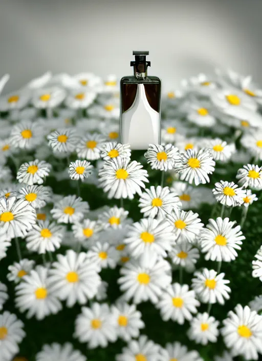 Image similar to perfume bottle blooming in a white enchanted coral garden of daisies, roses in an ivory, up close shot, sharp focus, global illumination, radiant light, alexandre ferra white mecha, irakli nadar, octane highly render, 4 k, ultra hd,