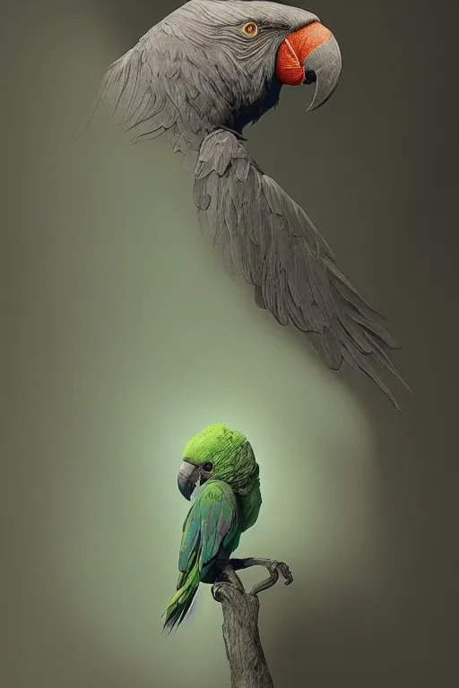 Prompt: parrot, ethereal, extremely high detail, photorealistic, cinematic lighting, artstation, octane render, art by Zdzisław Beksiński