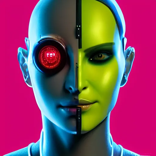 Image similar to centered portrait of a cyborg, in the style of Cyberpunk 2099, sci fi character concept, science fiction, technology, futuristic, entropism, kitsch, neomilitarism, medium shot, symmetrical face, elegant pose, illustration, slender, cinematic lighting, hyperdetailed, cgsociety, 8k, high resolution, single face, insanely detailed and intricate, octane render, golden ratio, vfx, postprocessing, Syd Mead, Masamune Shirow,