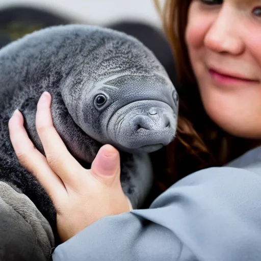 Image similar to incredibly fantastically stupendously fluffy tiny pygmy baby manatee being cradled by a person, realistic, fantasy, pet, adorable, national geographic