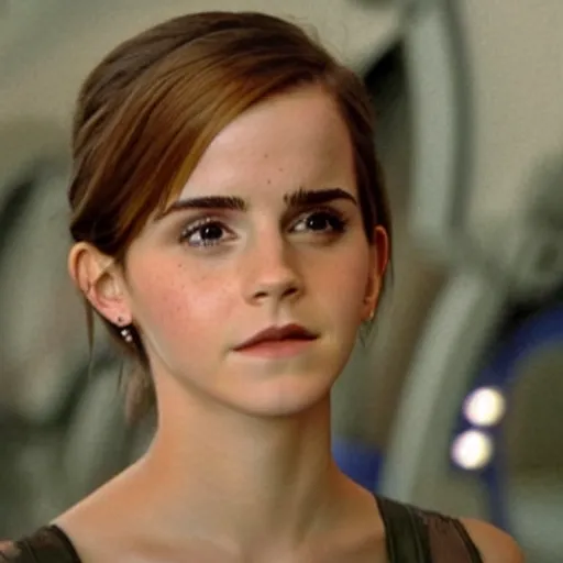 Prompt: beautiful still of Emma Watson in Stargate SG-1 in front of the stargate