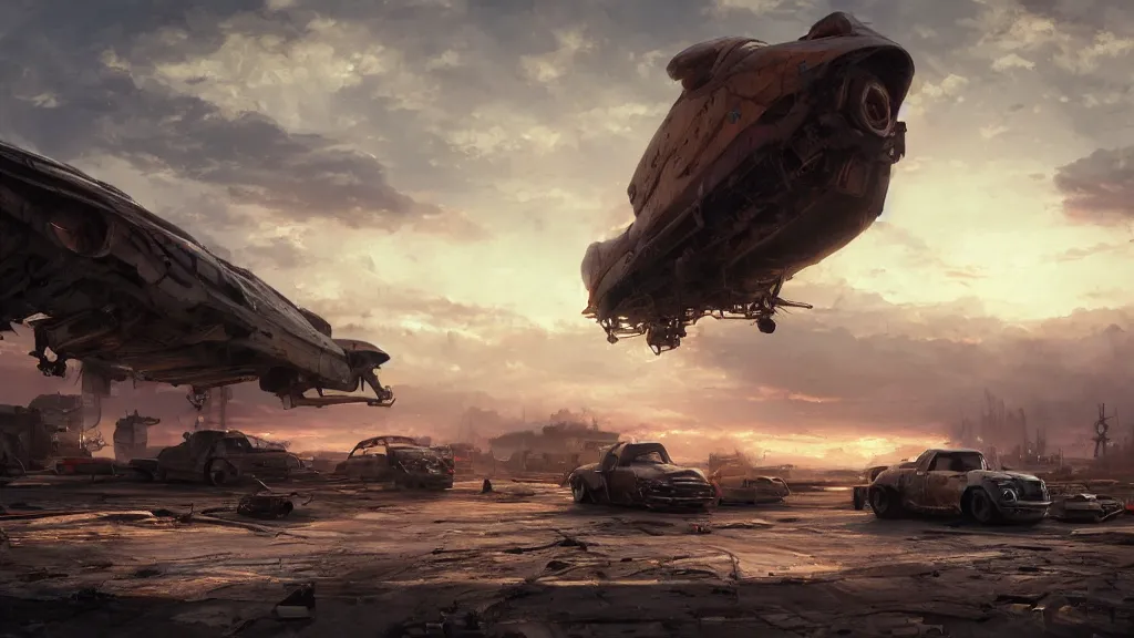 Image similar to a Photorealistic hyperrealistic render of a gigantic spaceship landing at a Junkyard by Greg Rutkowski,Vitaly Bugarov,Stephan Martiniere,Nicolas Bouvier SPARTH,James Paick, Juan Gimenez,PIXAR,dramatic moody sunset lighting,long shadows,Volumetric, cinematic atmosphere, Octane Render,Artstation,8k