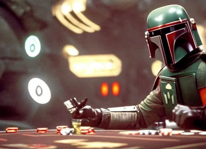 Image similar to film still of Boba Fett gambling in vegas in Star Wars The Empire Strikes Back,