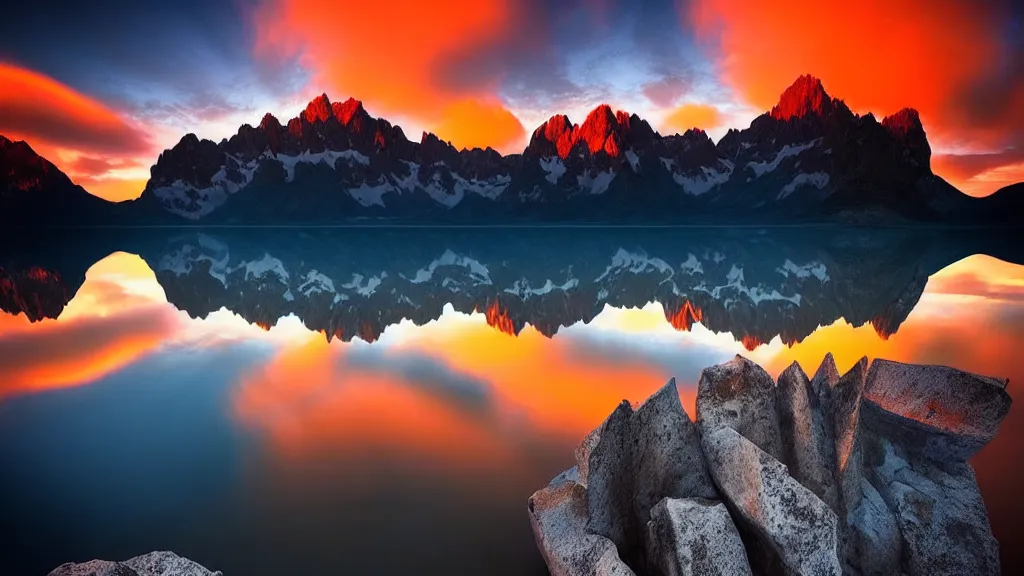 Image similar to amazing landscape photo of mountains with lake in sunset by marc adamus, beautiful dramatic lighting