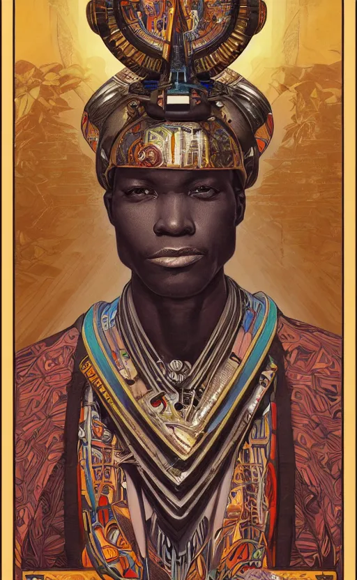 Image similar to a retro futuristic african tribal chief, art by joseph christian leyendecker, design blocking by alphonso mucha and drew struzan, highly detailed, digital painting, airbrush, concept art, illustration, smooth sharp focus, intricate, symmetry,