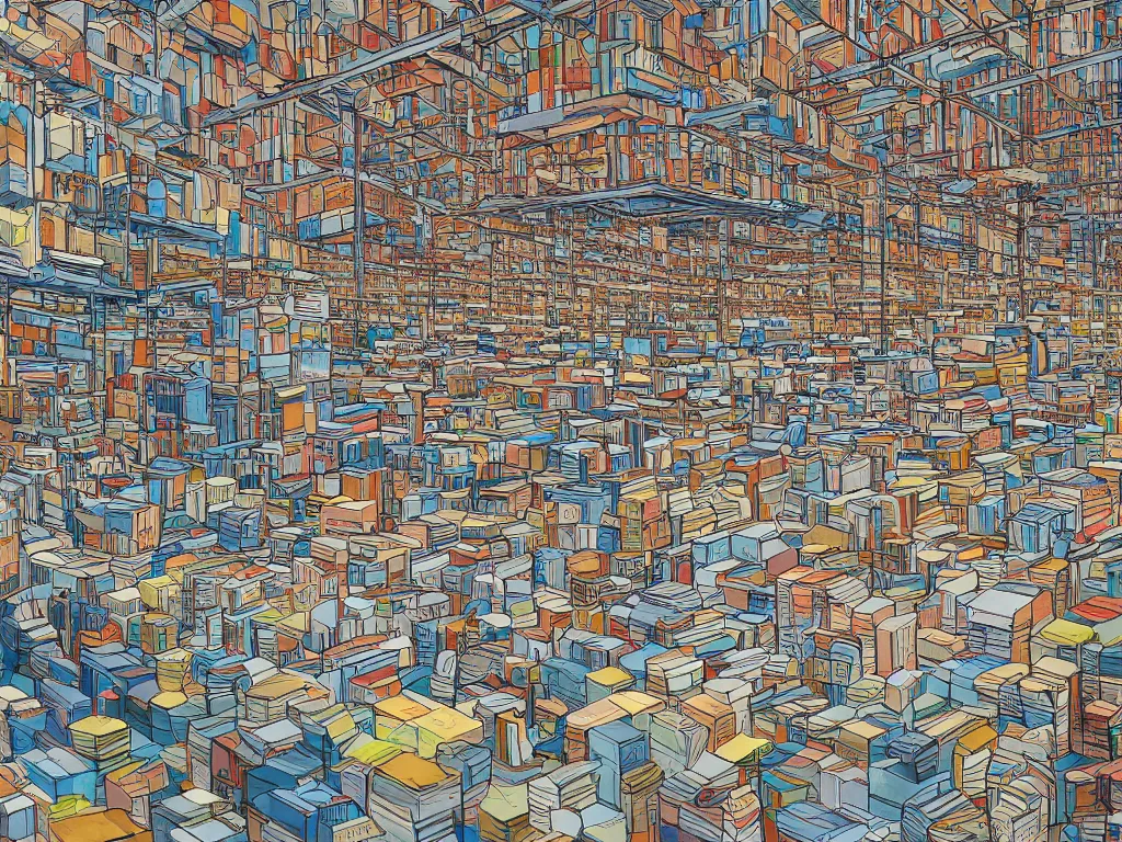 Image similar to a contemoprary painting of a warehouse with huge shelves in which stacks of paper are stored by james jean, trending on artstation, graffiti by digitaldoes