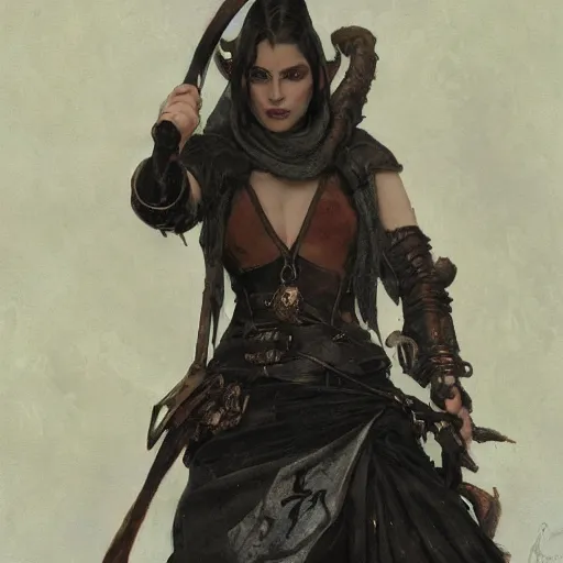 Image similar to closeup portrait of a surly and resentful female tiefling thief with grit and small horns clothed in leather armor and a cloak, angry expression, by Greg Rutkowski and John Collier and Krenz Cushart and Artem Demura and Alphonse Mucha and Albert Aublet, as seen on ArtStation, 4k, dungeons and dragons, very aesthetic, very detailed, intricate, unreal, fantasy, dramatic, painterly, artstation, sharp focus, smooth