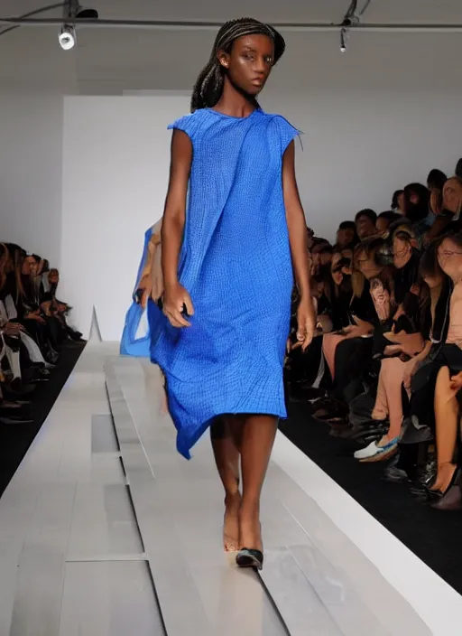 Image similar to full shot of beautiful model on runway wearing a blue roses dress in the style of issey miyake