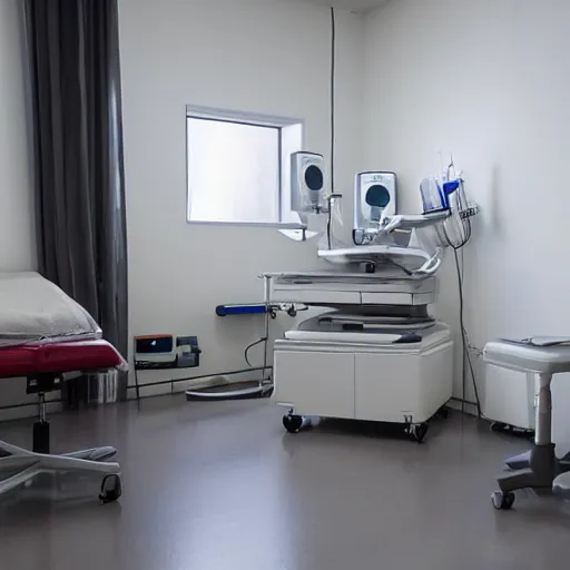 Image similar to minimalist room full of medical equipment, unknown location, clean, stucco walls, shiny floors