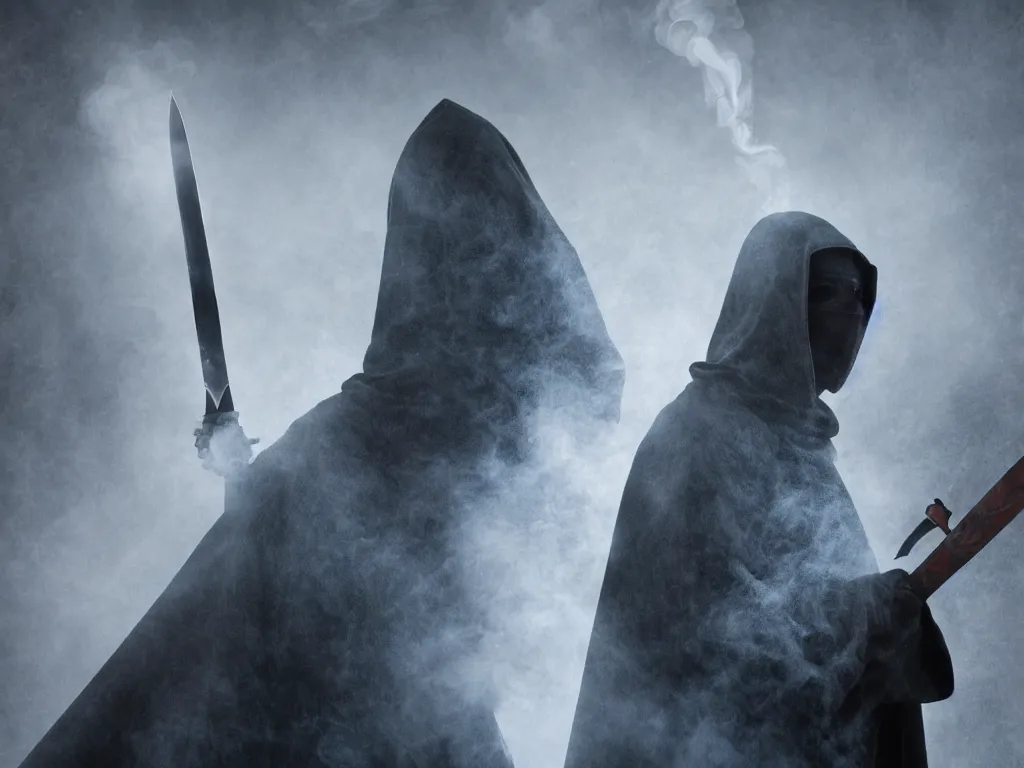 Prompt: a cloaked figure holding a sword, shadows, smoke, 8K high resolution photo