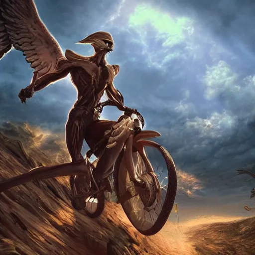 Image similar to giga chad angel riding a bike, unreal engine, digital, artstation, detailed intricate illustration, heavenly atmosphere, digital art, overdetailed art, concept art, complementing colors, trending on artstation, cgstudio, the most beautiful image ever created, dramatic, subtle, details, award winning artwork, beautiful scenery