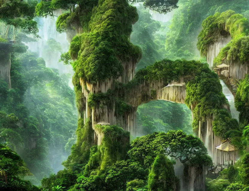 Image similar to a cinematic widescreen photo of ancient japanese cloud temples, a winding path across a bridge, a terraced mountain in a misty bamboo cloud forest with colossal waterfalls at dawn by studio ghibli and roger dean, terraced, mystical, gardens by the bay