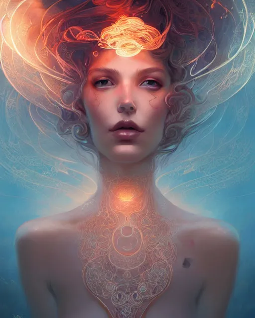 Image similar to Rose Gold intricate lace smoke portrait, swirling underwater polygon fantasy art by peter mohrbacher and artgerm, radiant halo of light