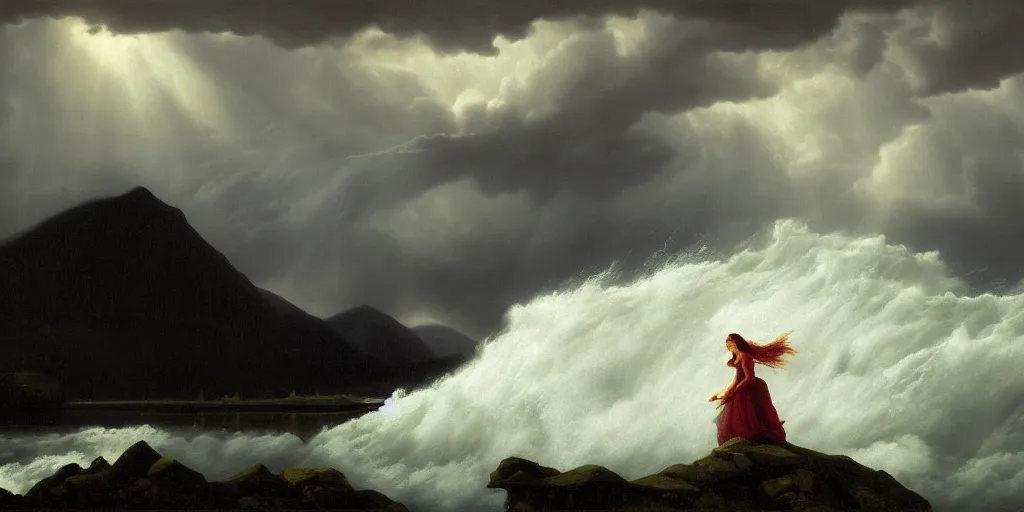 Image similar to a princess, big monster, snowy fjord, storm clouds, dramatic lighting, hudson river school, afternoon