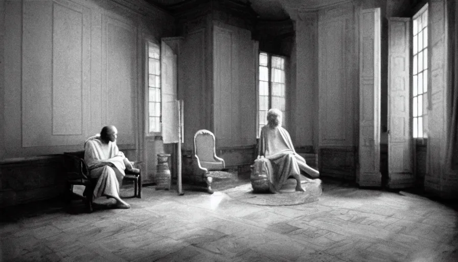 Prompt: 1 9 6 0 s movie still by tarkovsky of an elder socrates drinking hemlock in a tiny neoclassical room, cinestill 8 0 0 t 3 5 mm b & w, high quality, heavy grain, high detail, panoramic, ultra wide lens, cinematic composition, dramatic light, anamorphic, raphael style, piranesi style