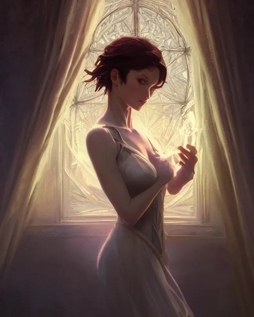 Image similar to good witch, slender, beautiful eyes, illustration, cinematic lighting, 8 k, d & d, frostbite 3 engine, of, artstation, intricate, digital art, twilight ray, art by tsuyoshi nagano, greg rutkowski, artgerm, alphonse mucha, shining light, detailed and complex environment, digital art, trends art stations