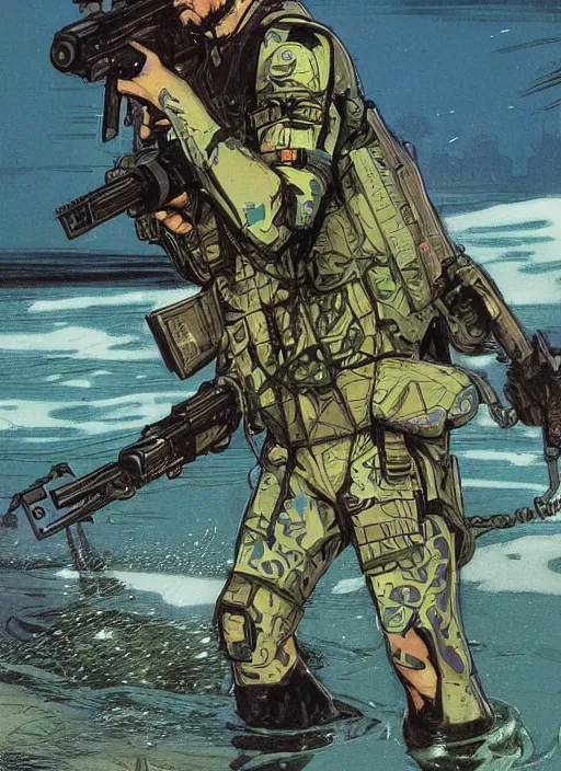 Image similar to Hector. USN blackops operator emerging from water at the shoreline. Operator wearing Futuristic cyberpunk tactical wetsuit and looking at an abandoned shipyard. Frogtrooper. rb6s, MGS, and splinter cell Concept art by James Gurney, Alphonso Mucha. Vivid color scheme.