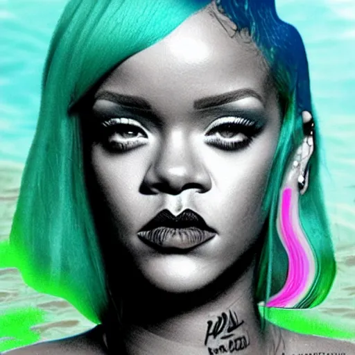 Image similar to rihanna in water park, seapunk, creative photo manipulation, creative photoshop, digital art