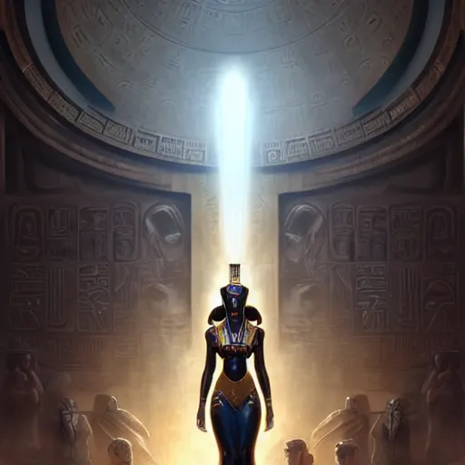 Image similar to a cybernetic version of the egyptian pantheon, highly detailed, digital painting, trending on artstation, extreme long shot, matte, sharp focus, illustration, art by artgerm, greg rutkowski, magali villeneuve, and adolphe bouguereau,