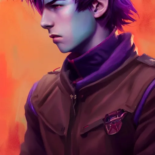 Image similar to colorful and festive captivating teenager boy with straight purple hair, purple eyes with red eye markers, slim body, wearing combat clothes. rich vivid colors, ambient lighting, dynamic lighting, 4 k, atmospheric lighting, painted, intricate, highly detailed by charlie bowater