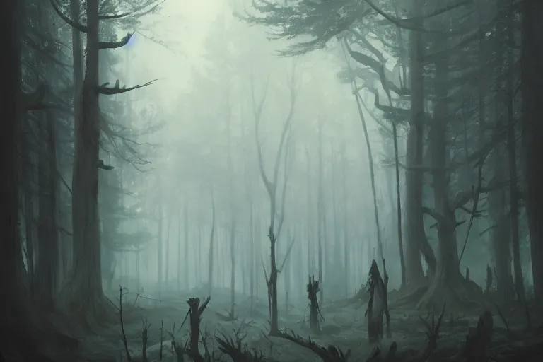 Image similar to forest, horror, illustrated by Greg Rutkowski and Caspar David Friedrich, Trending on artstation, artstationHD, artstationHQ