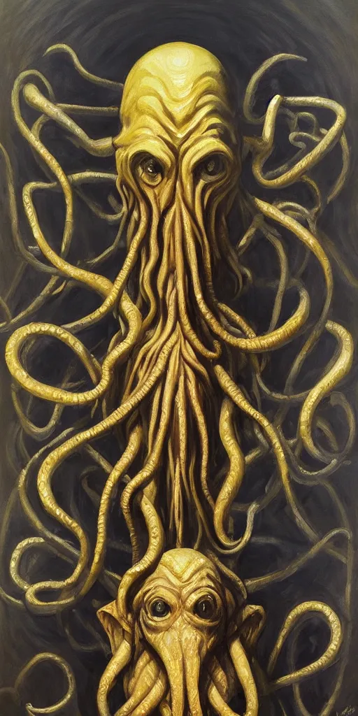 Image similar to a stunning and noble highly detailed portrait of cthulhu by josep tapiro baro and edward hopper, trending on artstation, oil painting masterpiece, symmetry, mysterious, very very very aesthetic