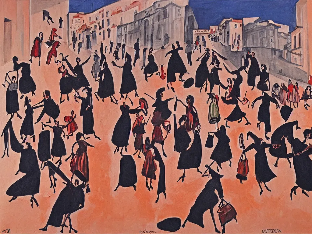 Image similar to woman movement, lisbon city at night, art in the style of paula rego