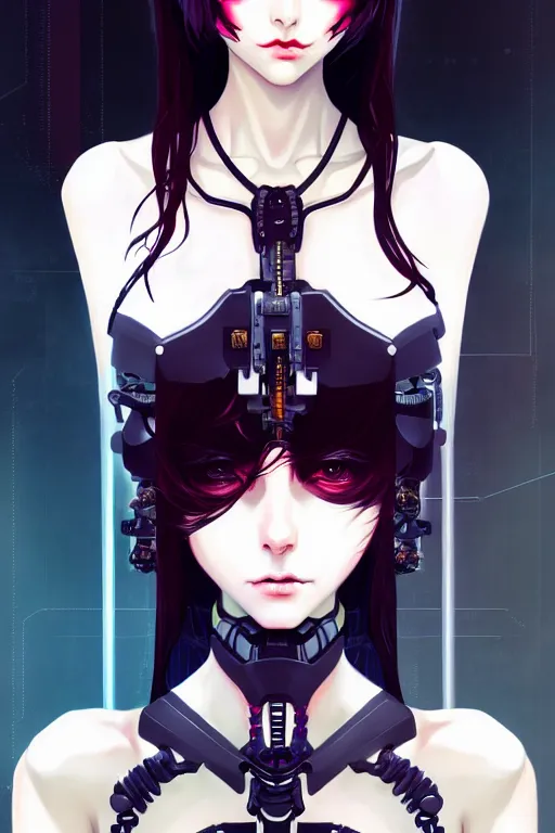 Image similar to portrait of beautiful young gothic cyborg anime maiden, cute-fine-face, pretty face, realistic shaded Perfect face, fine details. Anime, cyberpunk, Warhammer, highly detailed, artstation, illustration, art by Ilya Kuvshinov and Gustav Klimt