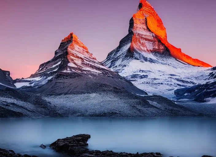 Prompt: photograph of the matterhorn, morning light, landscape photography, award winning, canon, soft lighting, sony, nikon, 4 k, hd