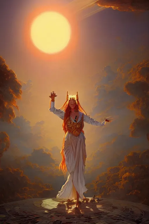 Image similar to the high Priestess of the sun god greets the rising sun, 8k resolution digital painting by Michael Whelan and Peter Mohrbacher, cinematic morning light