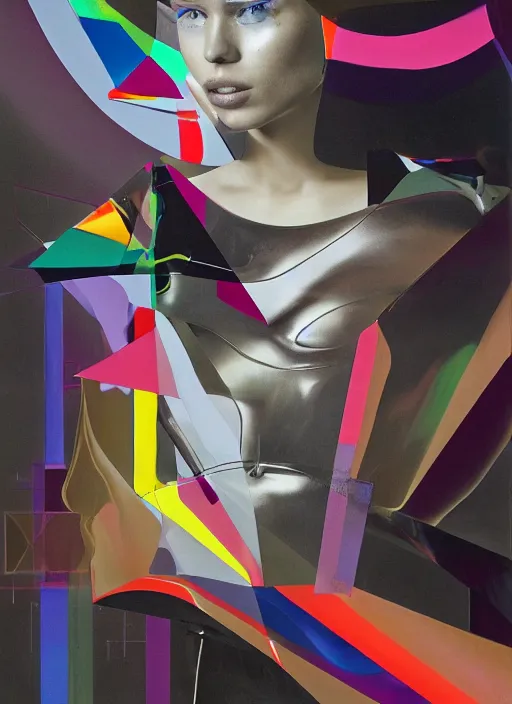 Image similar to futuristic lasers tracing, colorsmoke, leather fullbodysuit, pyramid hoodvisor, raindrops, wet, oiled, beautiful cyborg girl, by steven meisel, kaws, rolf armstrong, mondrian, kandinsky, perfect geometry abstract acrylic, octane hyperrealism photorealistic airbrush collage painting, dark monochrome, fluorescent colors, minimalist rule of thirds, eighties eros