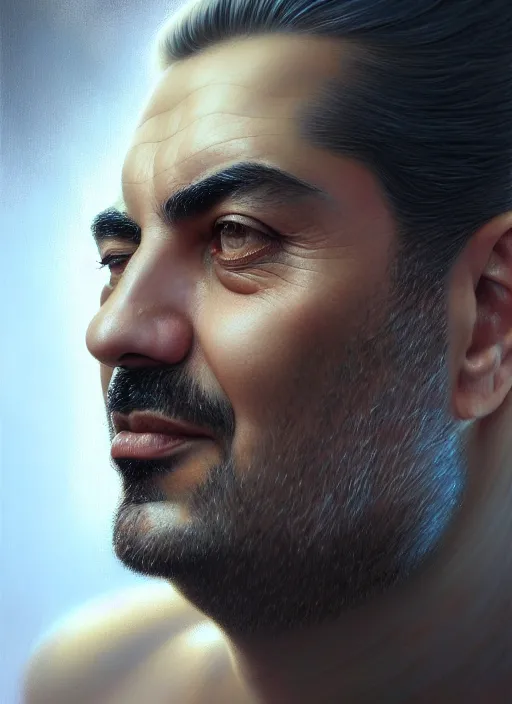 Image similar to closeup portrait shot of rafic hariri, intricate, elegant, highly detailed, centered, digital painting, artstation, concept art, smooth, sharp focus, illustration, artgerm, tomasz alen kopera, peter mohrbacher, donato giancola, joseph christian leyendecker, wlop, boris vallejo