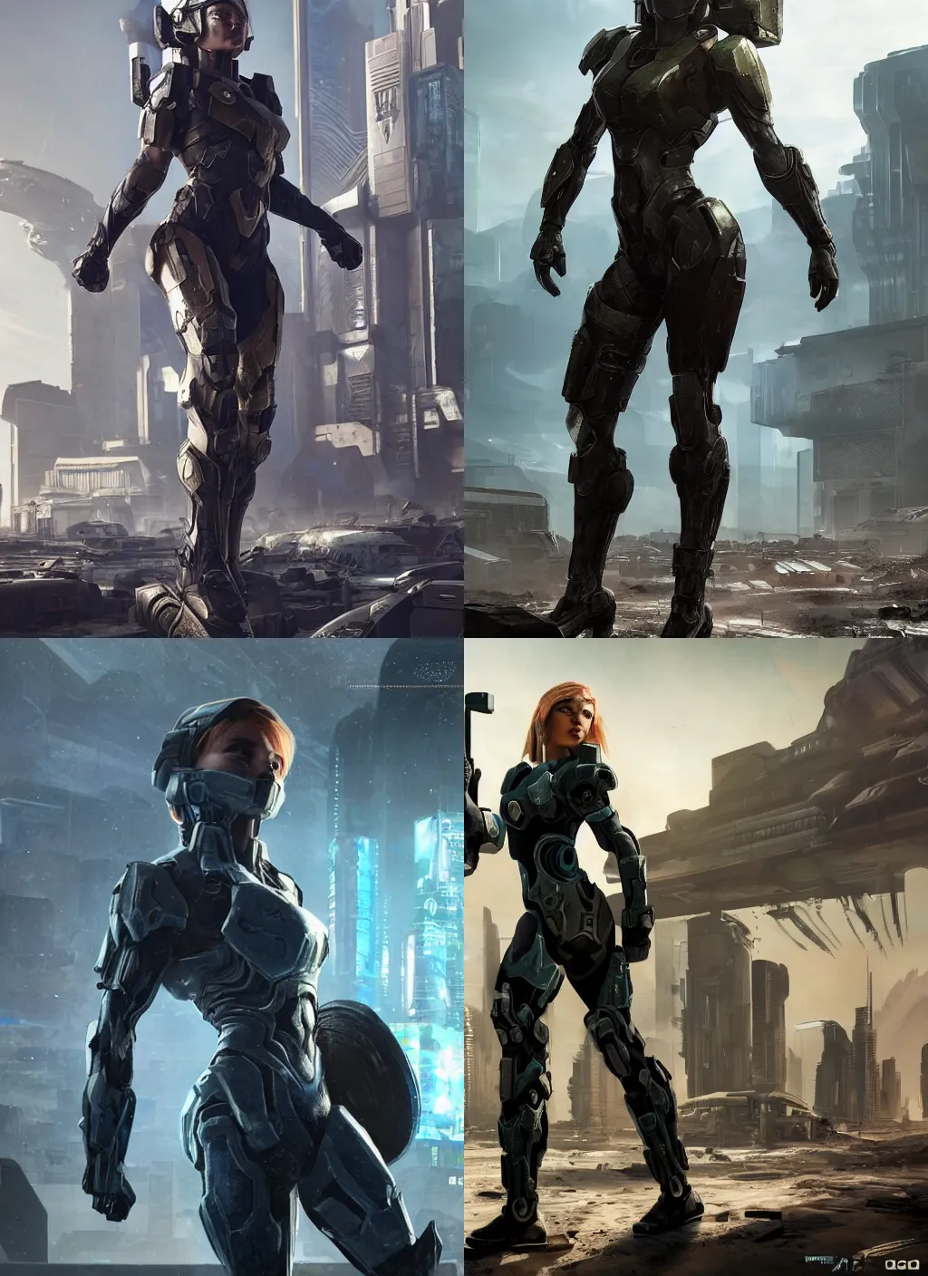 Prompt: a female body builder walking in a cyberpunk wasteland facing the camera, mjolnir armor from halo infinite, no helmet!!!!, attractive female face!!!, enhance face, ultra realistic, very highly detailed, 8K, halo infinite!!, bioware anthem video game, octane render, Digital painting, concept art, illustration, sharp focus, centered, good value control, realistic shading, rational painting