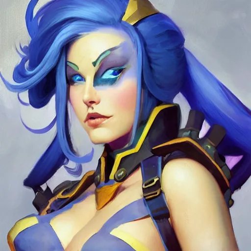 Image similar to greg manchess portrait painting of partially armored blue haired jinx from league of legends as overwatch character, medium shot, asymmetrical, profile picture, organic painting, sunny day, matte painting, bold shapes, hard edges, street art, trending on artstation, by huang guangjian, gil elvgren, ruan jia, greg rutkowski, gaston bussiere