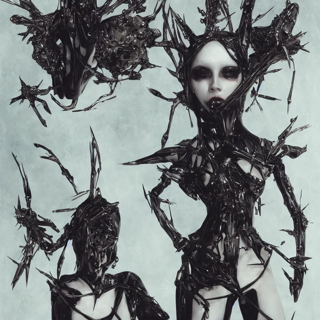 Image similar to anatomy of an extraterrestrial girl, latex, spikes, goth, fashionable, sharp focus, by takashi murakami, by giger, by greg rutkowski, portrait, high quality