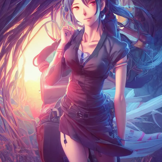 Prompt: full body anime portrait of a confident female explorer, absurdly beautiful, gorgeous, elegant, an ultrafine hyperdetailed illustration by artgerm, ross tran, makoto shinkai, detailed linework, bright colors, global illumination, radiant light, detailed and intricate environment, trending on deviant art