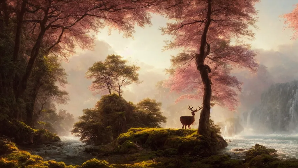 Prompt: the most beautiful panoramic landscape, oil painting, where a giant dreamy waterfall creates a river, the trees around are starting to bloom in pink colors, a majestic deer is in close - up and it is exhaling steam, the ray lights of the sunrise are brightening him, by greg rutkowski