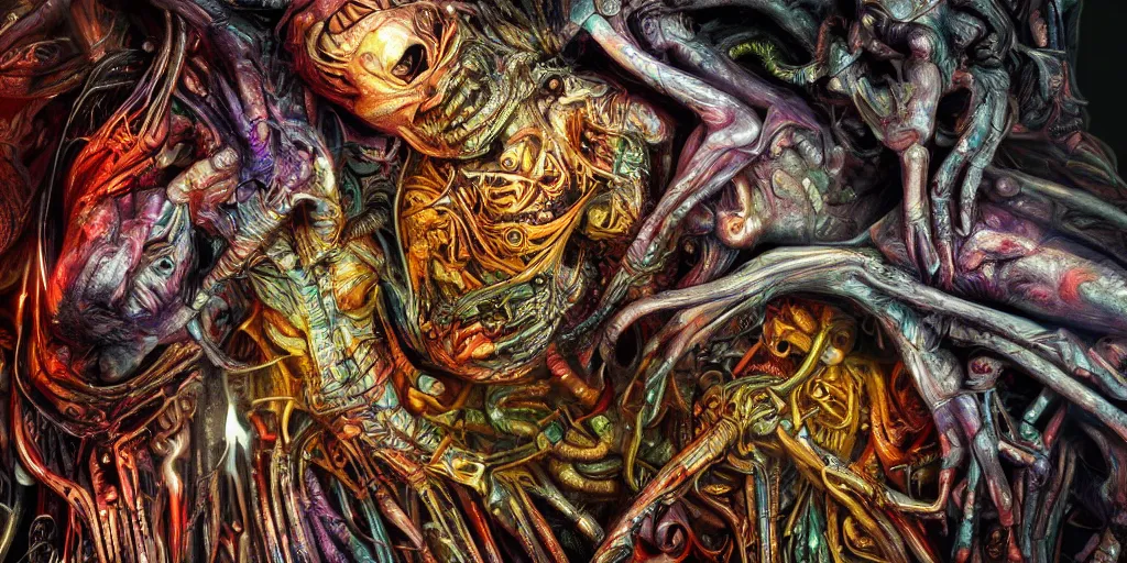 Image similar to dreamscape, giger, vivid colors, colorful, anatomical, highly detailed sculpture, intricate detailed, ommatidia, 8 k, cinematic atmosphere, post - processing