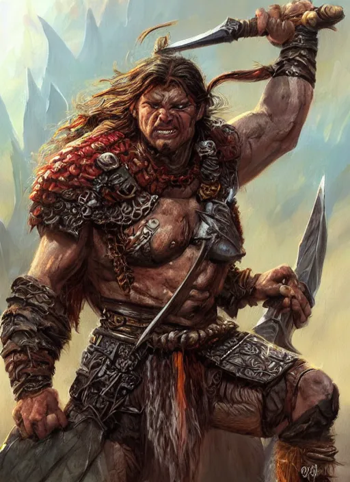 Image similar to enraged barbarian, ultra detailed fantasy, dndbeyond, bright, colourful, realistic, dnd character portrait, full body, pathfinder, pinterest, art by ralph horsley, dnd, rpg, lotr game design fanart by concept art, behance hd, artstation, deviantart, hdr render in unreal engine 5