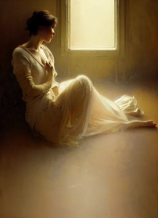 Prompt: a portrait of beautiful woman sitting on the floor, inside an old apartment, detailed oil painting, misty, ethereal, soft lighting, by craig mullins and alphonse mucha and jeremy mann