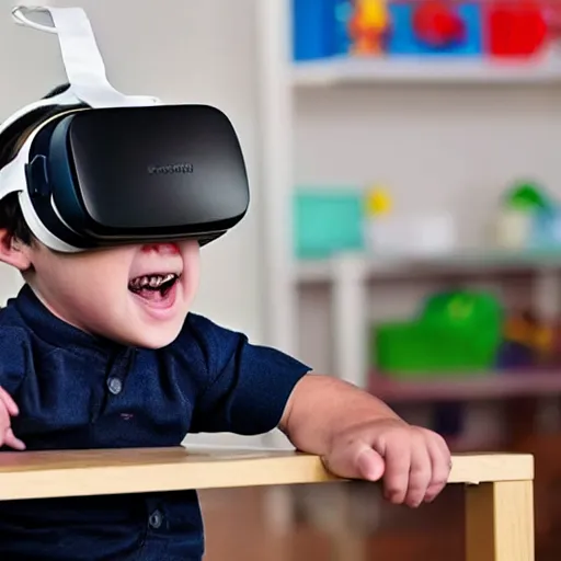 Image similar to A toddler wearing a straightjacket wearing a vr headset while sitting in a daycare setting, photography