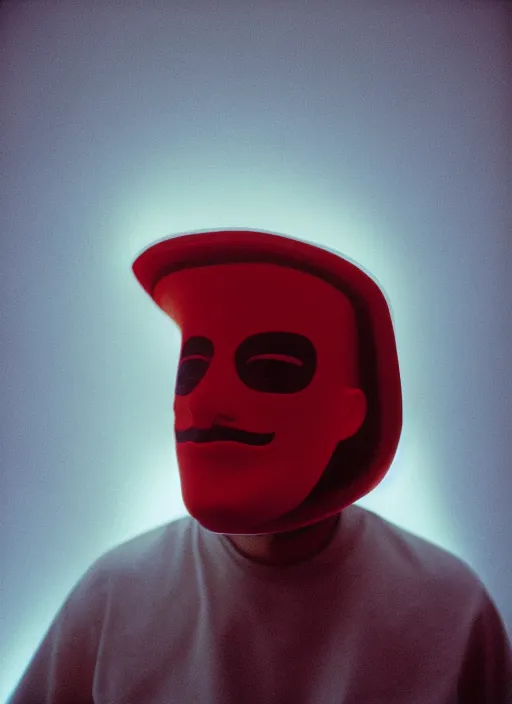 Prompt: a fashion portrait photograph of a man wearing a plastic mask designed by james turrell, 3 5 mm, color film camera,